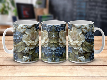 Floral Coffee Mugs Set, Blue and White Flower Design, Elegant Kitchen Decor, Ceramic Tea Cups, Gift Idea