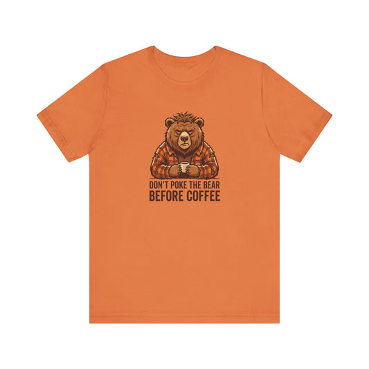 Orange t-shirt with a bear wearing a plaid shirt holding a coffee cup.
