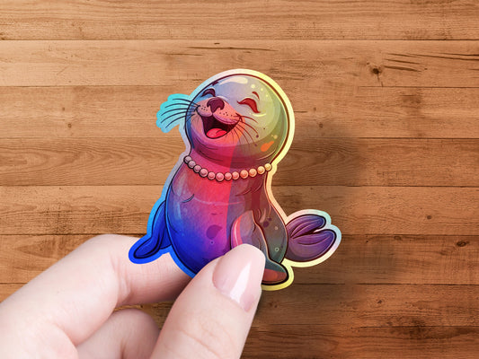 Colorful Happy Seal Sticker with Cute Rainbow Design product type