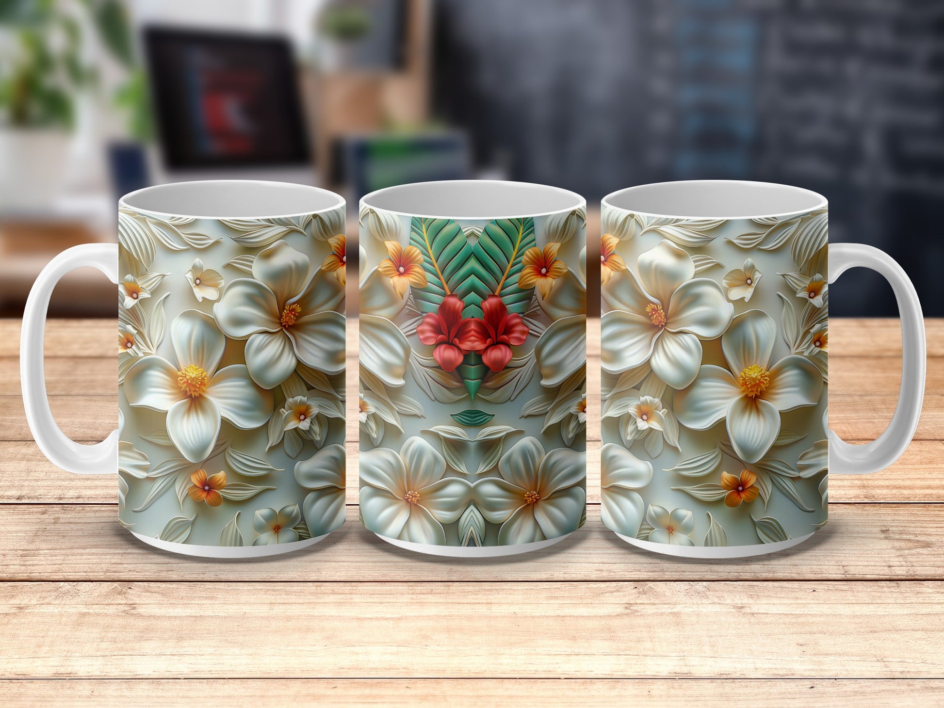 Tropical Flower Coffee Mug Set, Elegant Floral Ceramic Cups, Kitchen Decor Gift