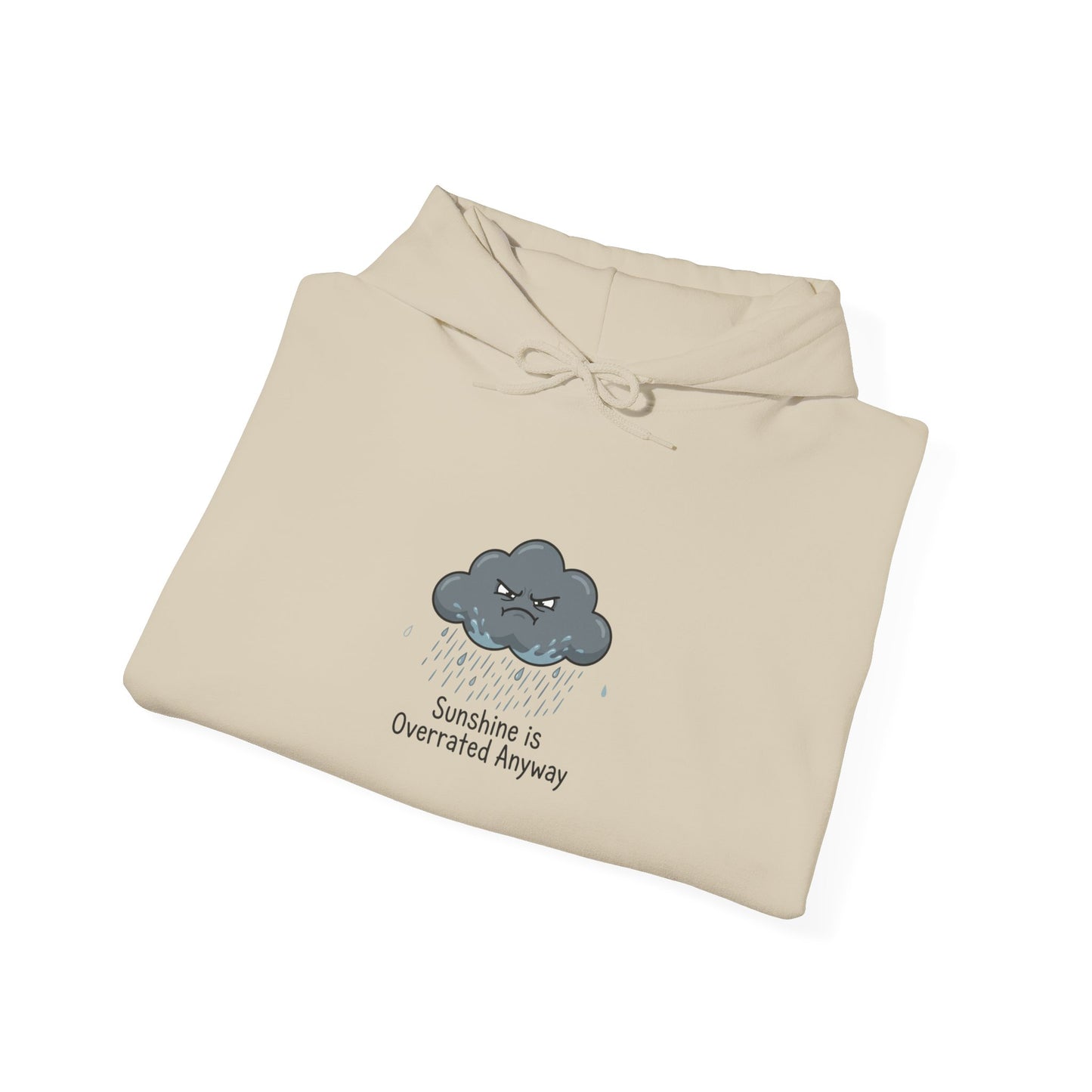 Beige hoodie with a grumpy cloud and raindrops graphic and text.