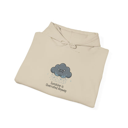 Beige hoodie with a grumpy cloud and raindrops graphic and text.