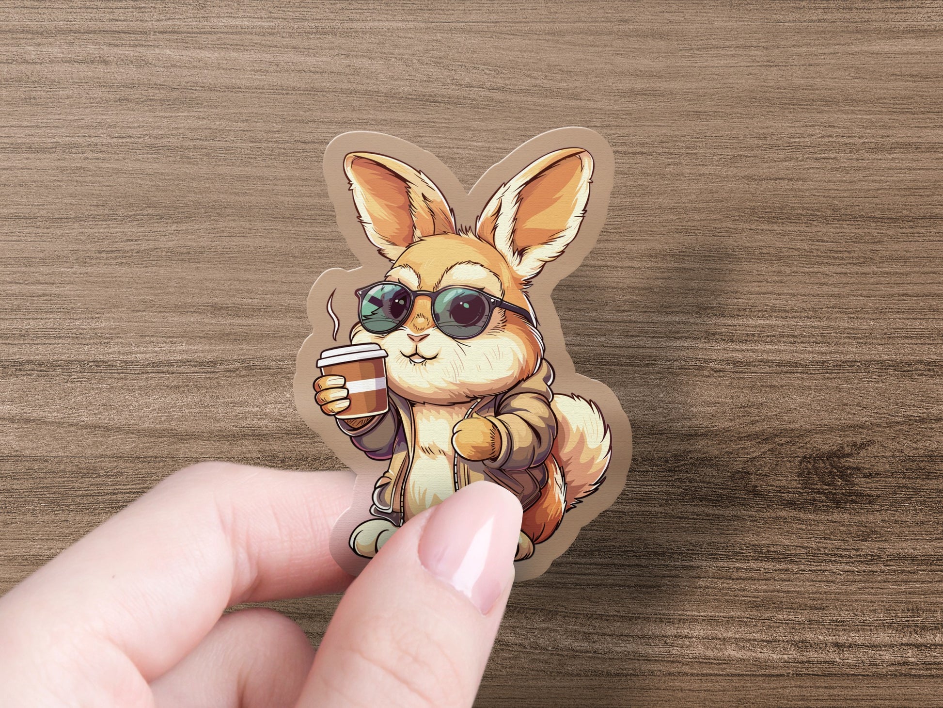 Cute Cool Bunny with Coffee Cartoon Sticker product