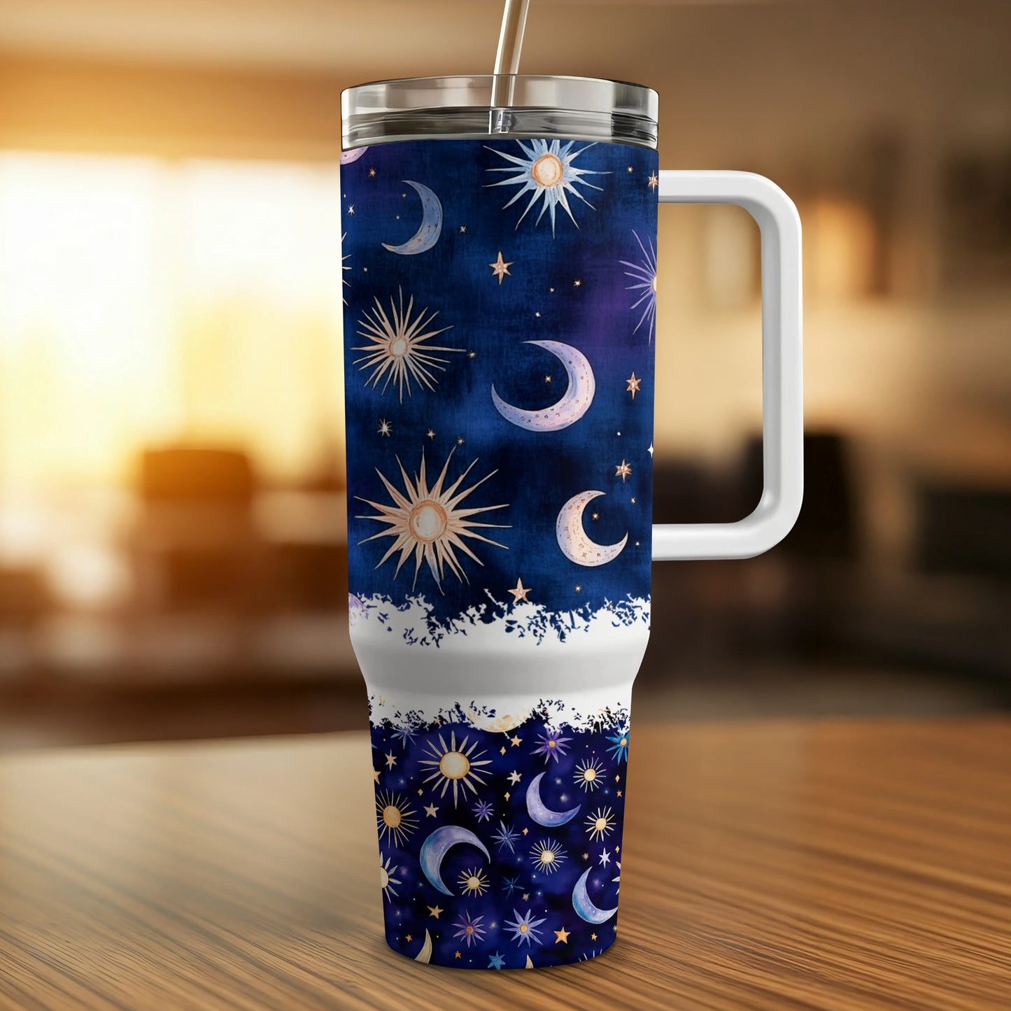 Celestial Travel Tumbler, Moon and Stars Design, Insulated Coffee Mug, Unique Astral Patterns, Stainless Steel Drinkware