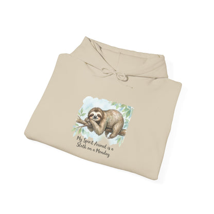 Beige hoodie with a sloth on a branch graphic and text.