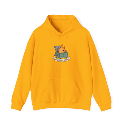 Yellow hoodie with cartoon dumpster fire graphic that says "Everything is Fine".