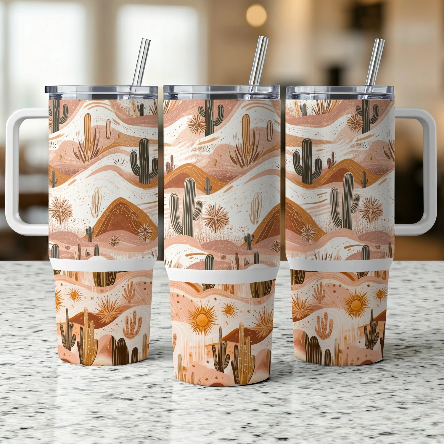 Desert Landscape Tumblers with Straws, Cactus Print Travel Cups, Insulated Stainless Steel Drinkware, Set of 3