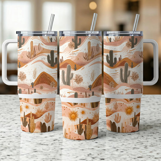 Desert Landscape Tumblers with Straws, Cactus Print Travel Cups, Insulated Stainless Steel Drinkware, Set of 3