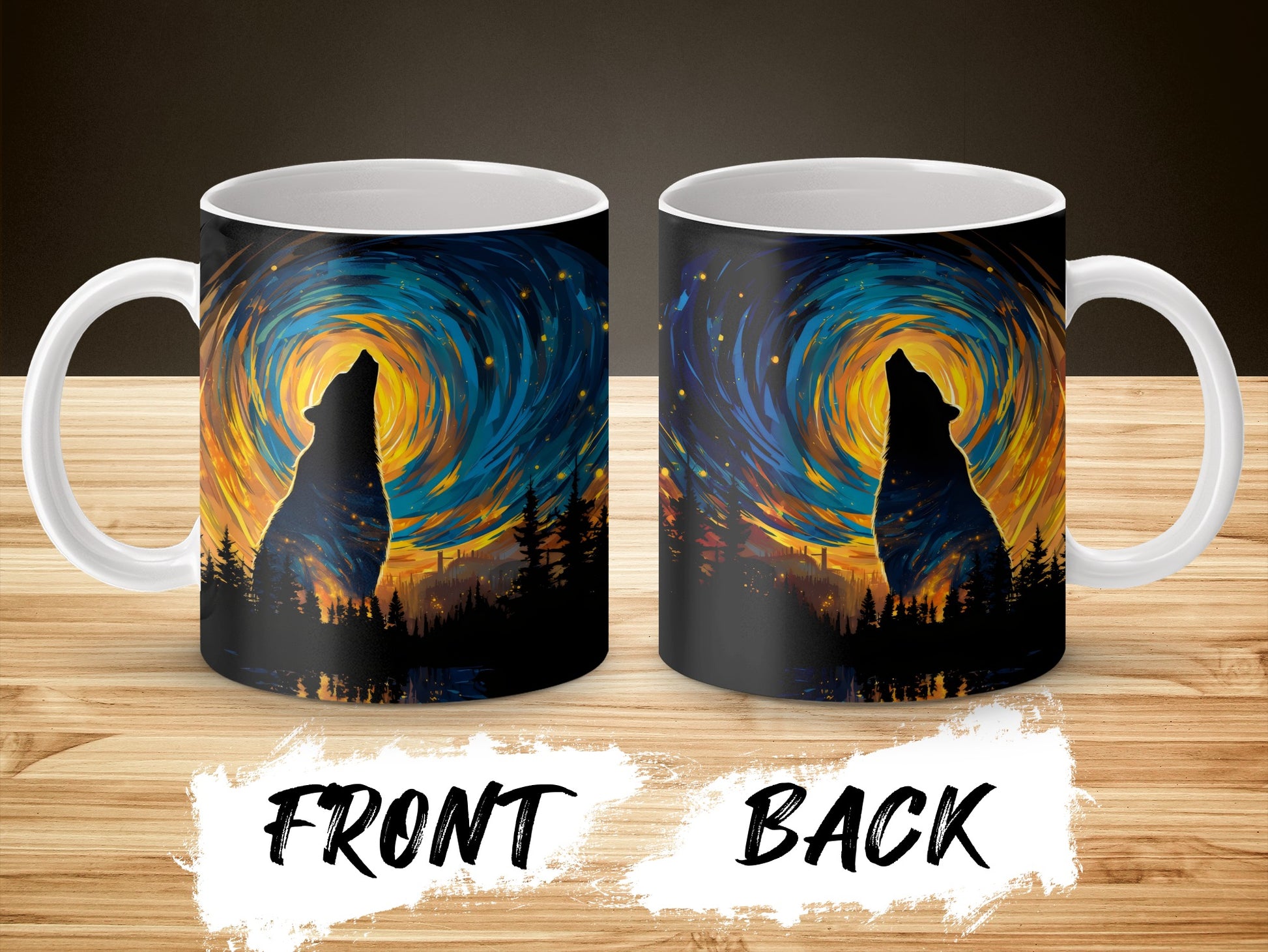 Wolf Silhouette Starry Night Sky Artwork Mug, Nature Inspired Coffee Cup, Wildlife Art Gift Idea