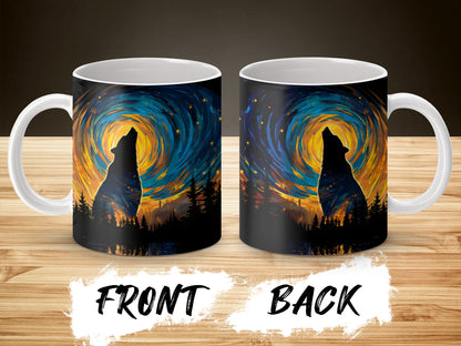 Wolf Silhouette Starry Night Sky Artwork Mug, Nature Inspired Coffee Cup, Wildlife Art Gift Idea