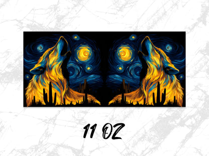 Van Gogh Inspired Wolf Art Mug, Colorful Starry Night Sky, Animal Coffee Cup, Unique 11 Oz Ceramic Gift