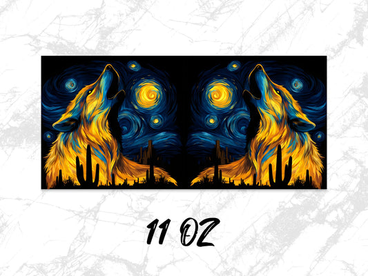 Van Gogh Inspired Wolf Art Mug, Colorful Starry Night Sky, Animal Coffee Cup, Unique 11 Oz Ceramic Gift