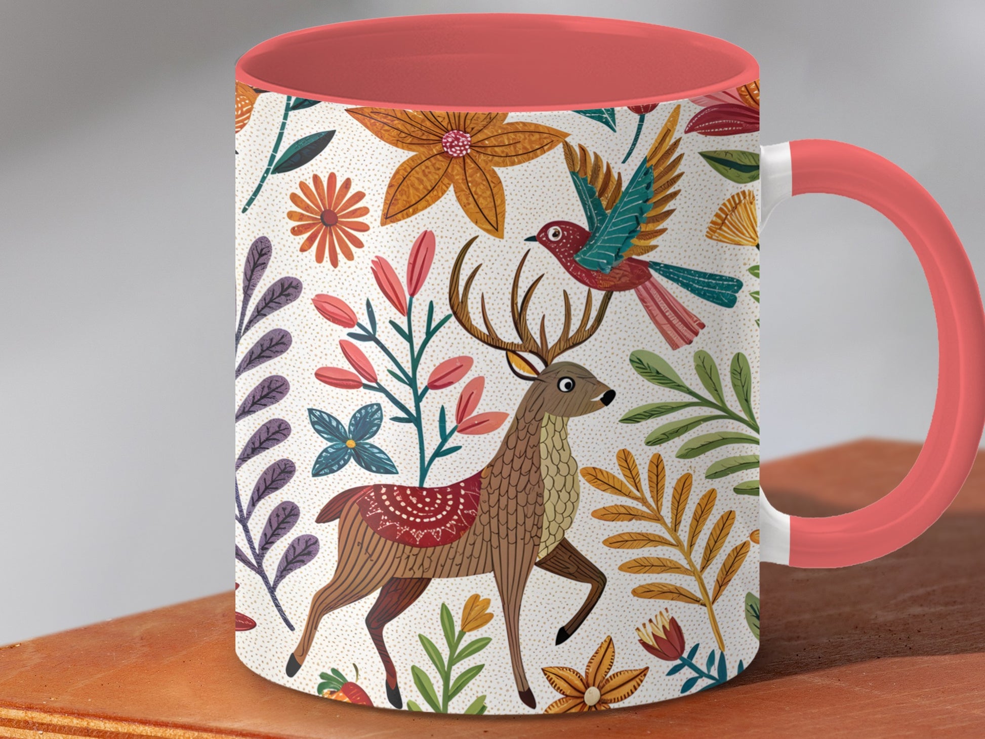Colorful Nature Inspired Deer and Bird Design Mug product type