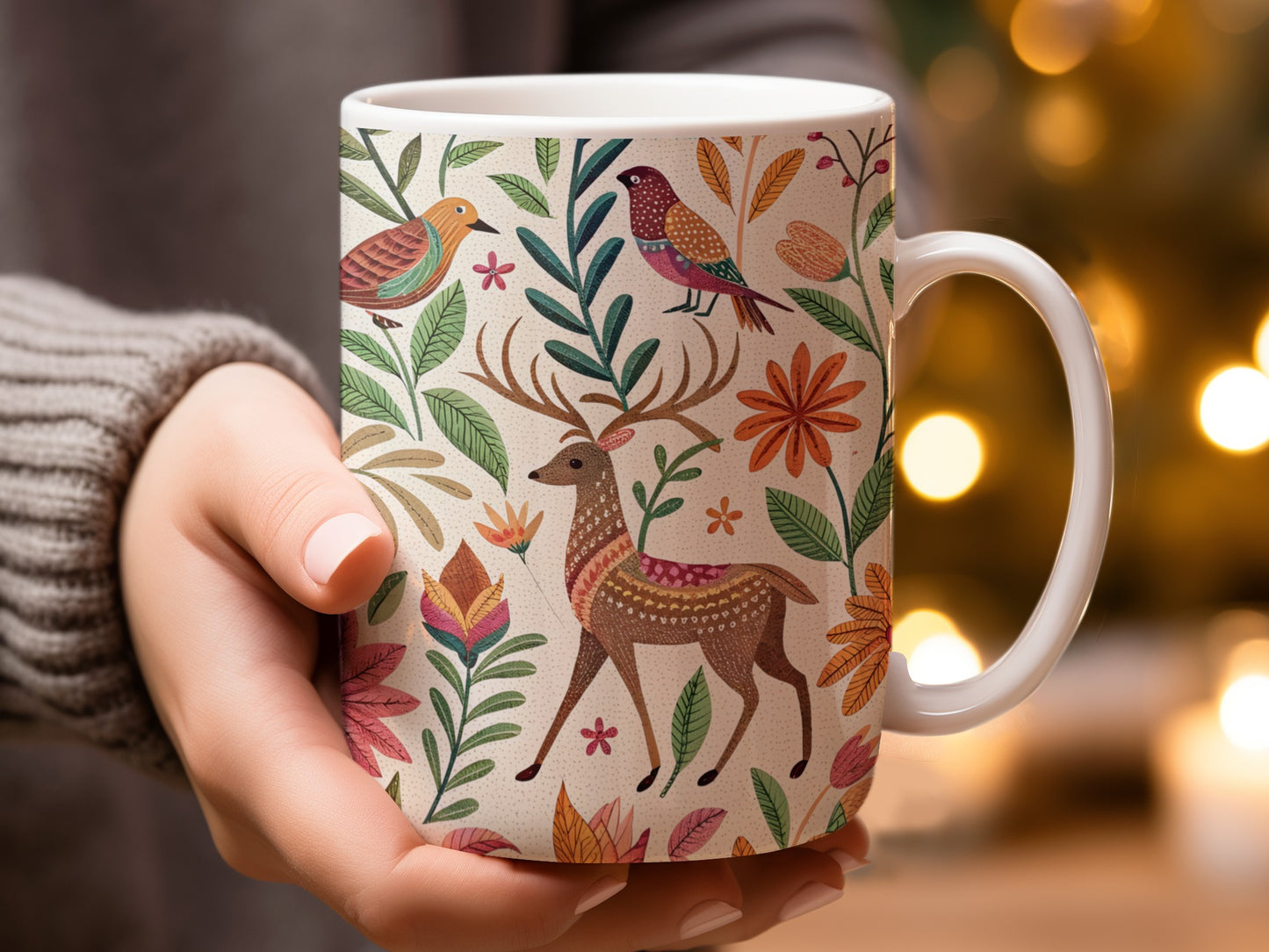 Colorful Reindeer and Birds Festive Mug product