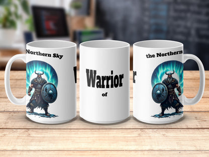 Viking Warrior Coffee Mug, Norse Mythology Inspired, Northern Sky Warrior, Unique Gift Idea