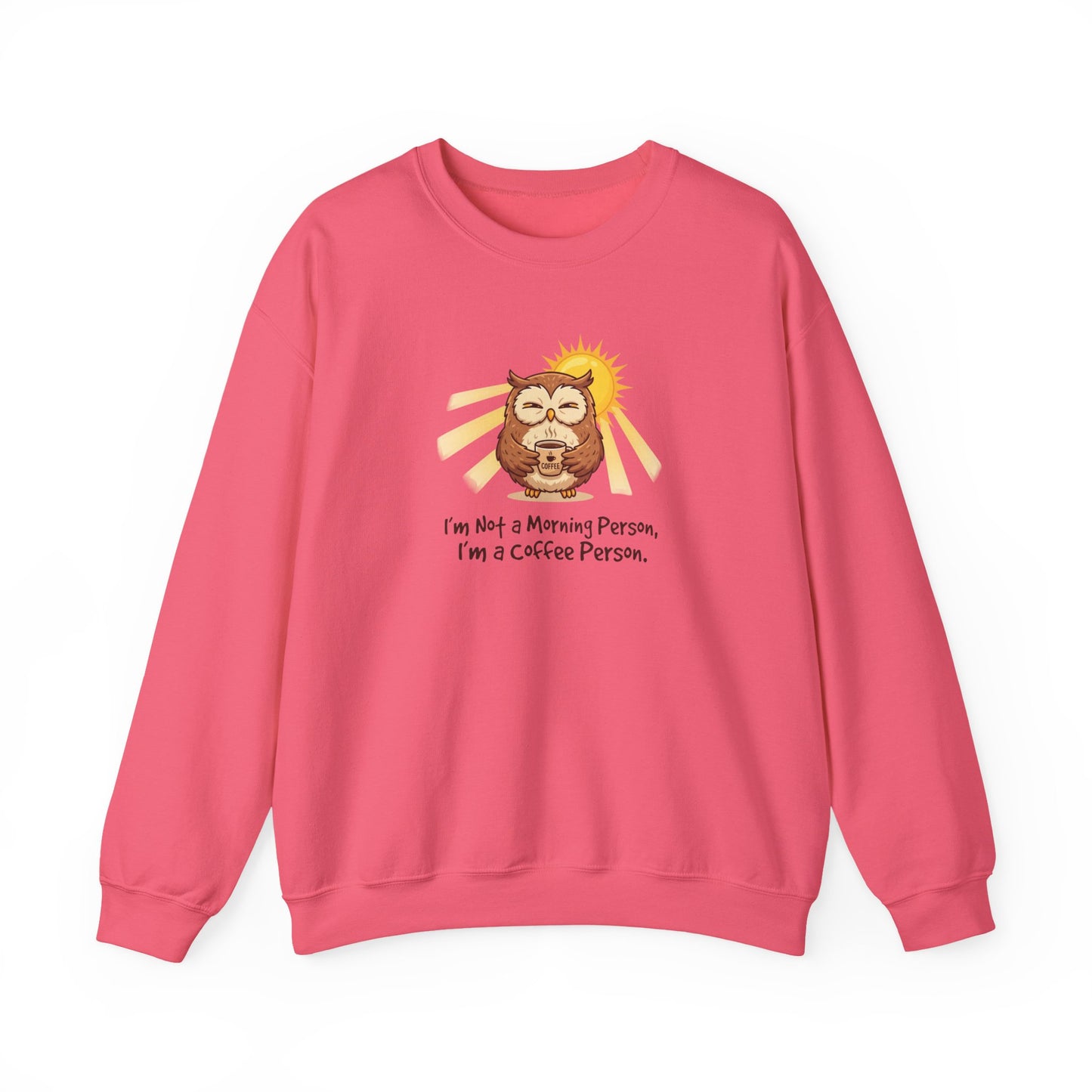 Sweatshirt with owl holding coffee cup under sun, text reads: "I'm Not a Morning Person, I'm a Coffee Person."