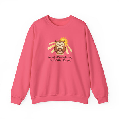 Sweatshirt with owl holding coffee cup under sun, text reads: "I'm Not a Morning Person, I'm a Coffee Person."