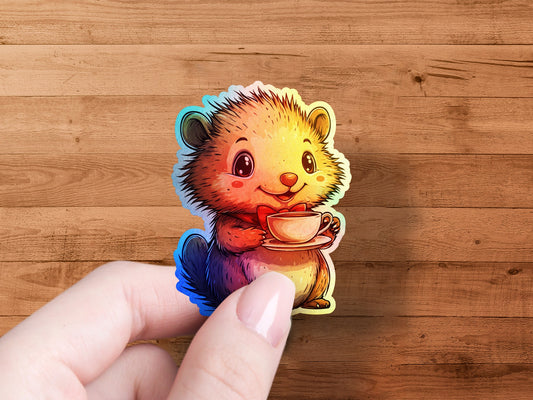 Cute Hedgehog Holding Cup of Coffee Sticker product