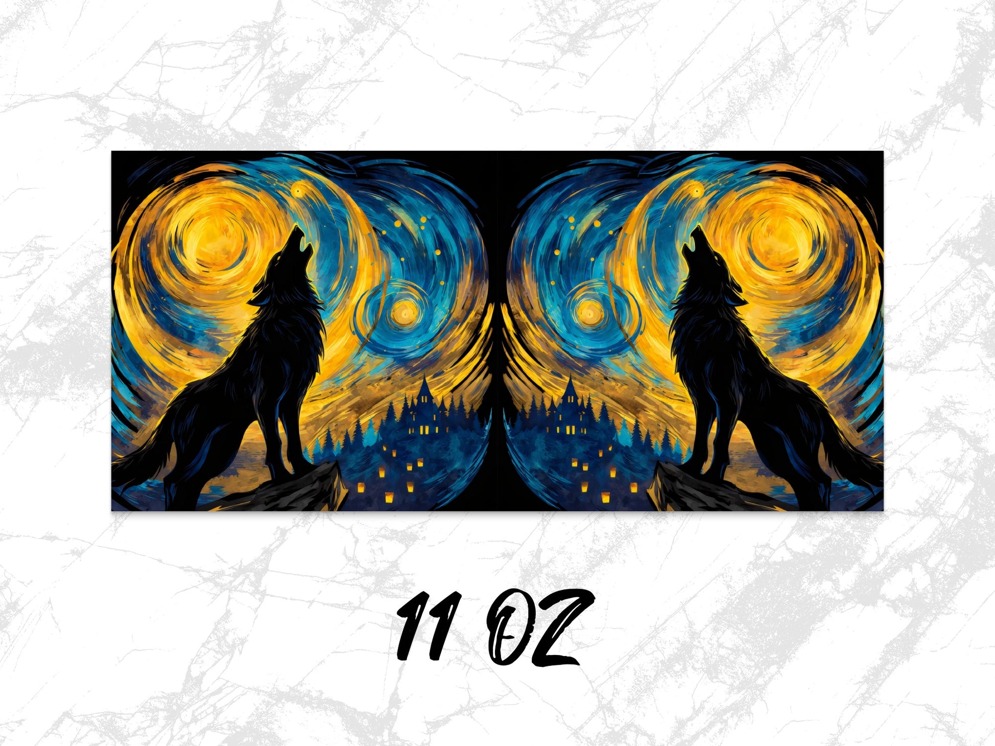 Van Gogh Inspired Wolf Art Print, Starry Night Dual Wolves Poster, 11 Oz Decorative Wall Art