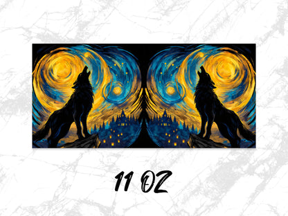 Van Gogh Inspired Wolf Art Print, Starry Night Dual Wolves Poster, 11 Oz Decorative Wall Art