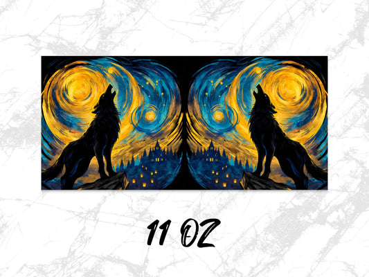 Van Gogh Inspired Wolf Art Print, Starry Night Dual Wolves Poster, 11 Oz Decorative Wall Art