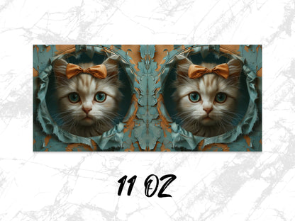 Cute Cat Coffee Mug with Orange Bow, 11 oz Ceramic Cat Lover Gift, Unique Cat Face Art Drinkware for Home