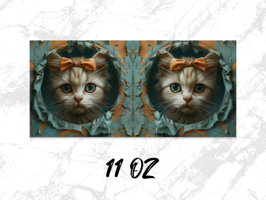 Cute Cat Coffee Mug with Orange Bow, 11 oz Ceramic Cat Lover Gift, Unique Cat Face Art Drinkware for Home