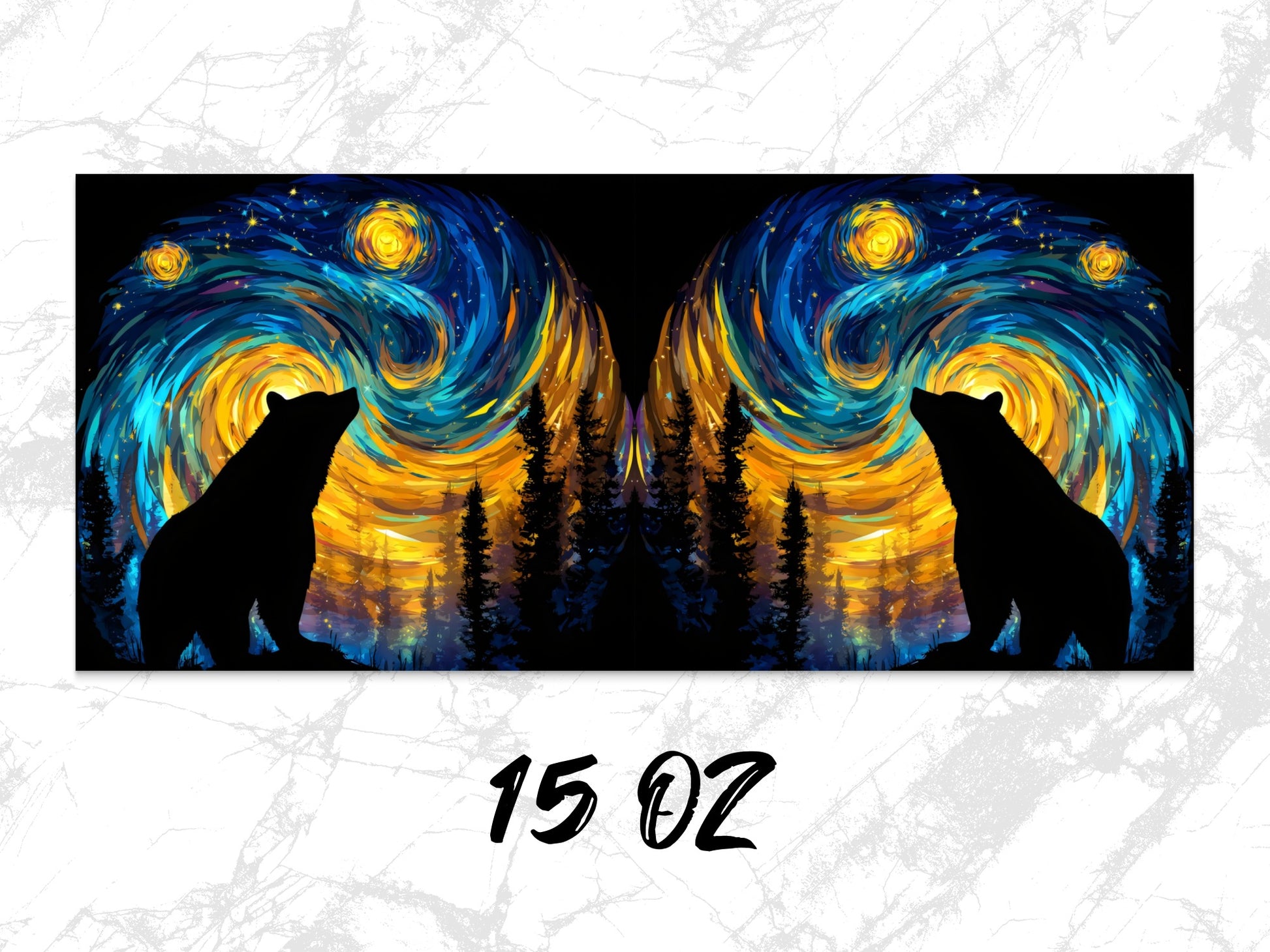 Starry Night Forest Bears Silhouette Coffee Mug, Artistic Van Gogh Inspired Twin Design, Unique Wildlife Art Mug 15 oz