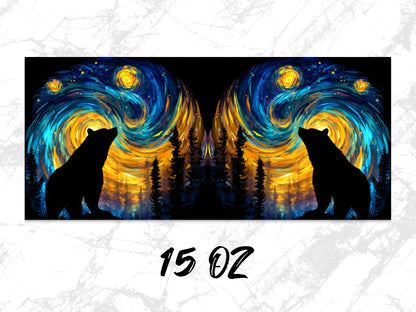 Starry Night Forest Bears Silhouette Coffee Mug, Artistic Van Gogh Inspired Twin Design, Unique Wildlife Art Mug 15 oz