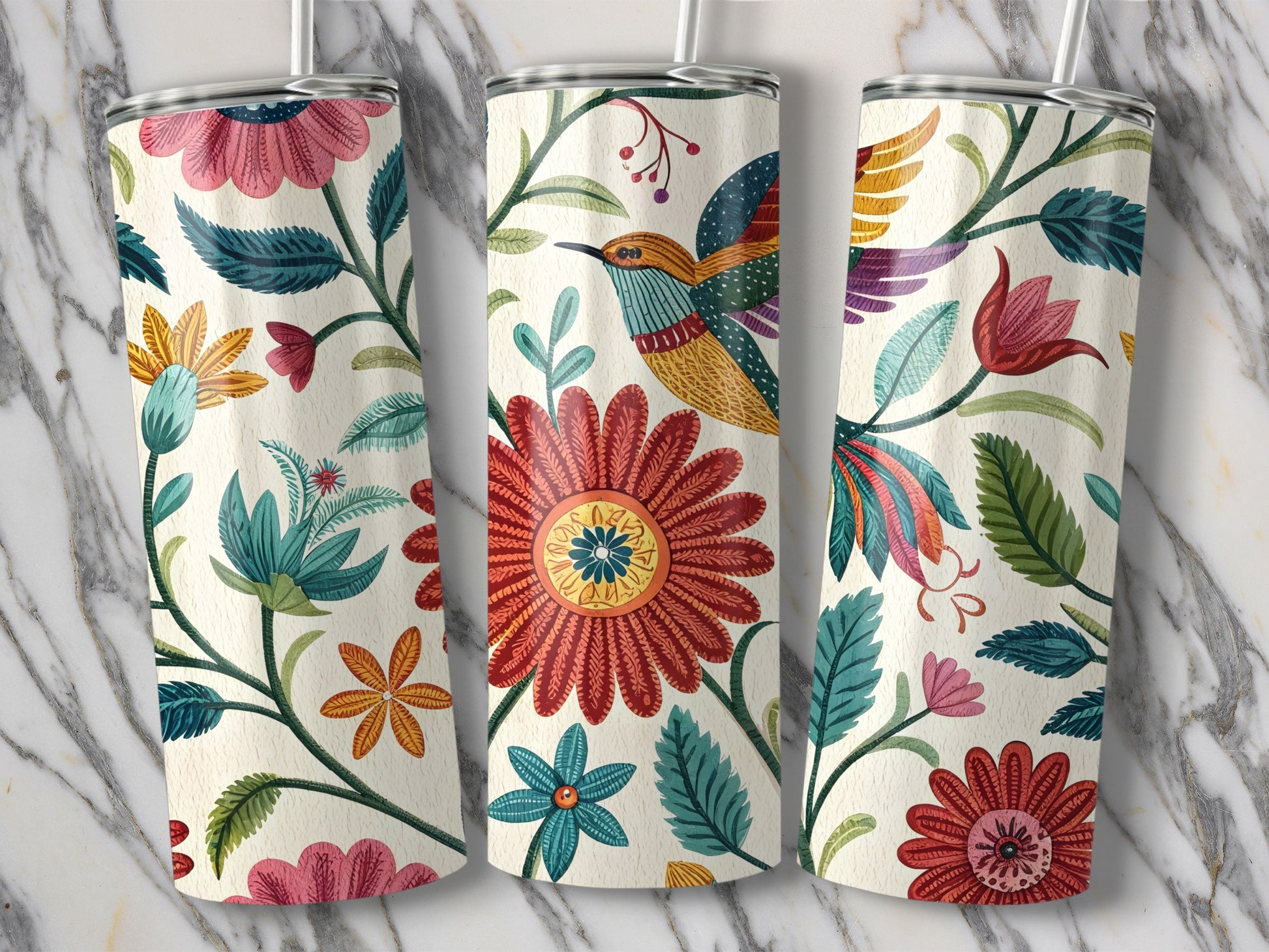 Colorful Floral and Bird Design Tumbler product