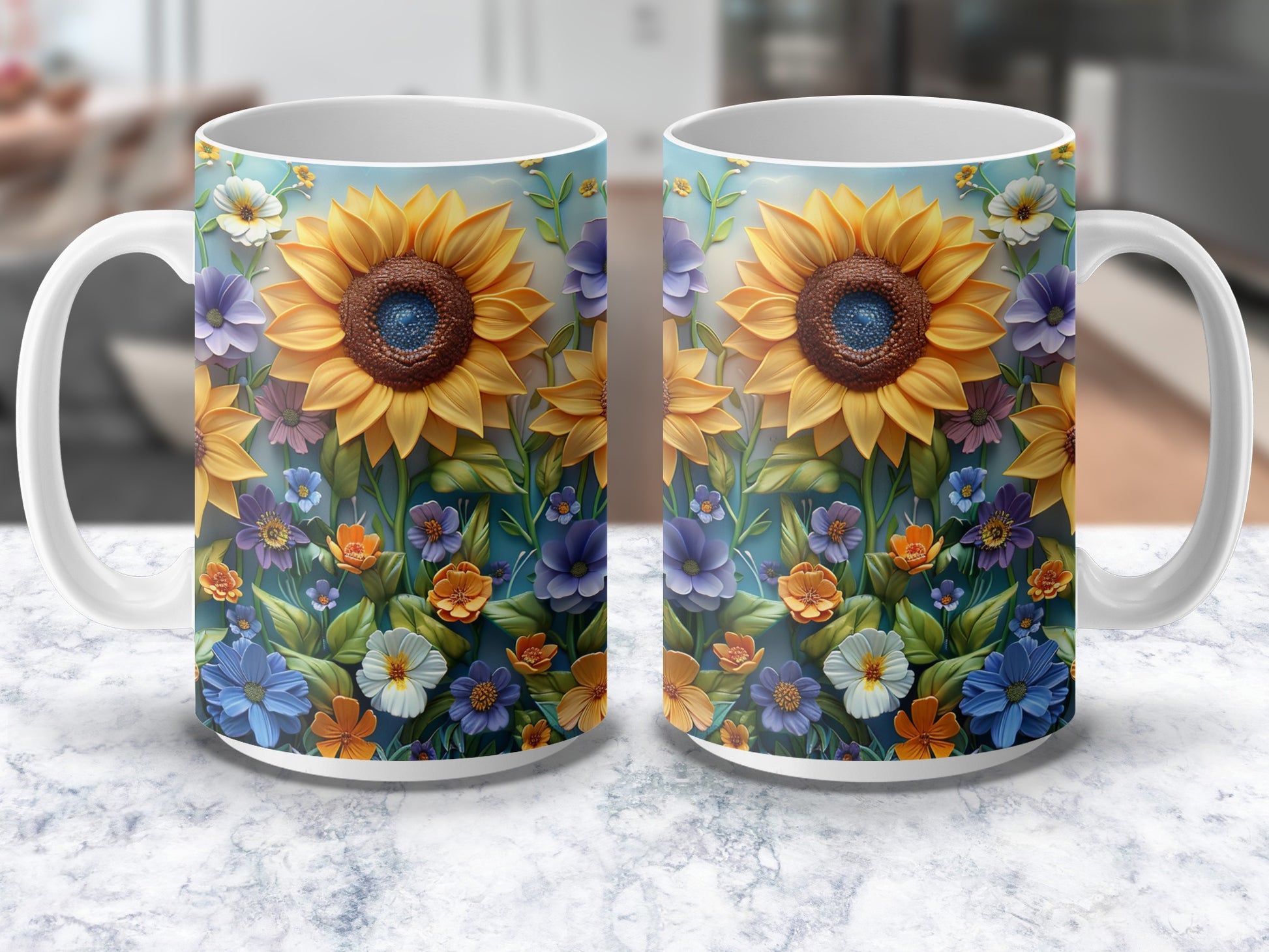 Sunflower and Wildflower Coffee Mug, Floral Ceramic Cup, Bright Kitchen Decor, Gift Idea