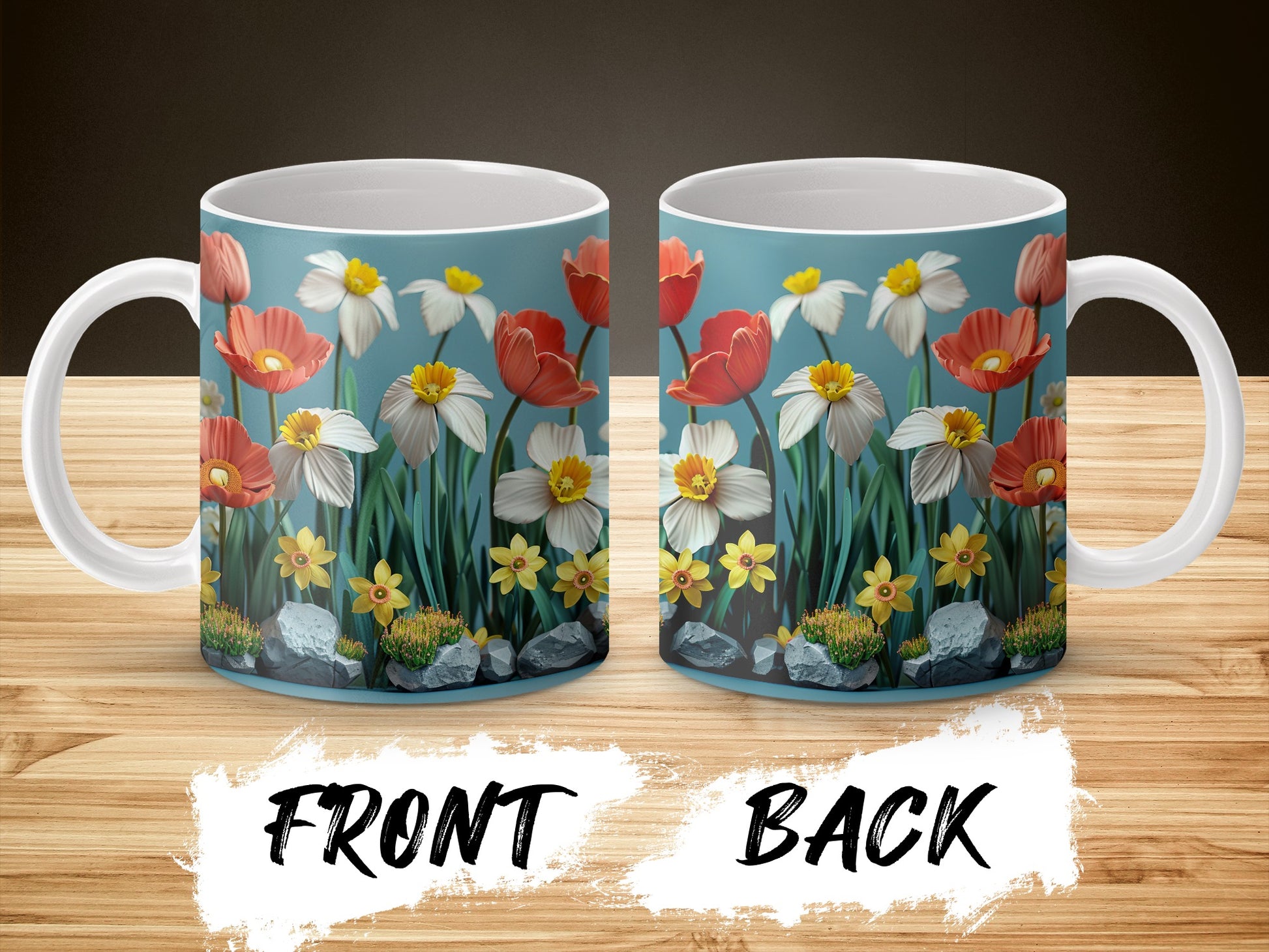 Floral Coffee Mug, Colorful Spring Flowers and Stones Design, Ceramic Cup for Tea and Hot Beverages