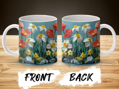 Floral Coffee Mug, Colorful Spring Flowers and Stones Design, Ceramic Cup for Tea and Hot Beverages