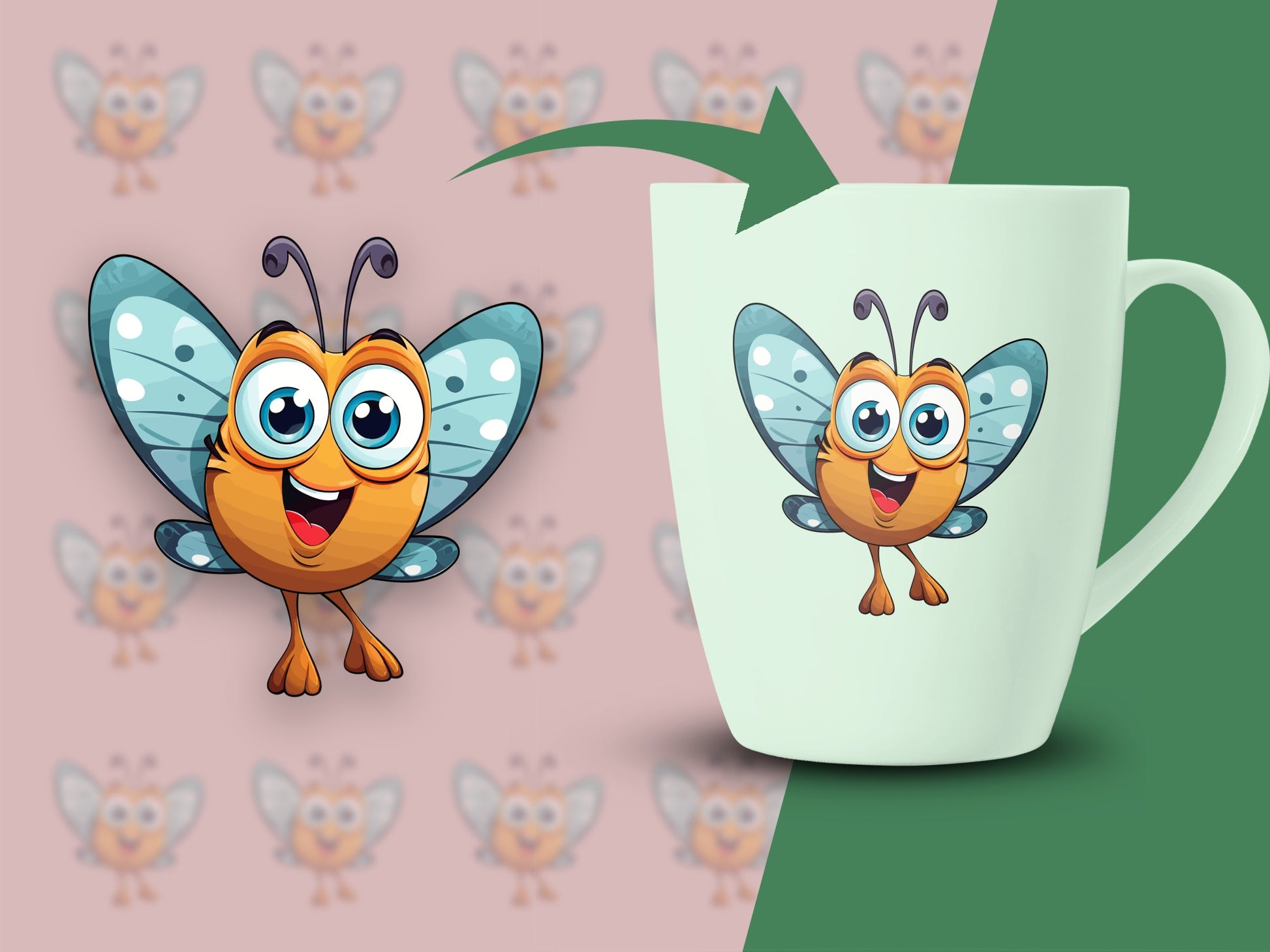 Cute Cartoon Butterfly Mug, Colorful Kids Drinkware, Fun Insect Themed Gift, Green Ceramic Cup