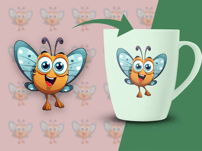 Cute Cartoon Butterfly Mug, Colorful Kids Drinkware, Fun Insect Themed Gift, Green Ceramic Cup
