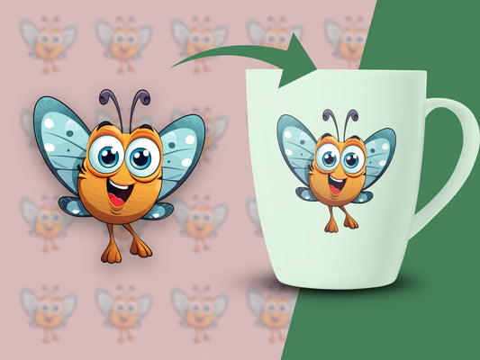Cute Cartoon Butterfly Mug, Colorful Kids Drinkware, Fun Insect Themed Gift, Green Ceramic Cup
