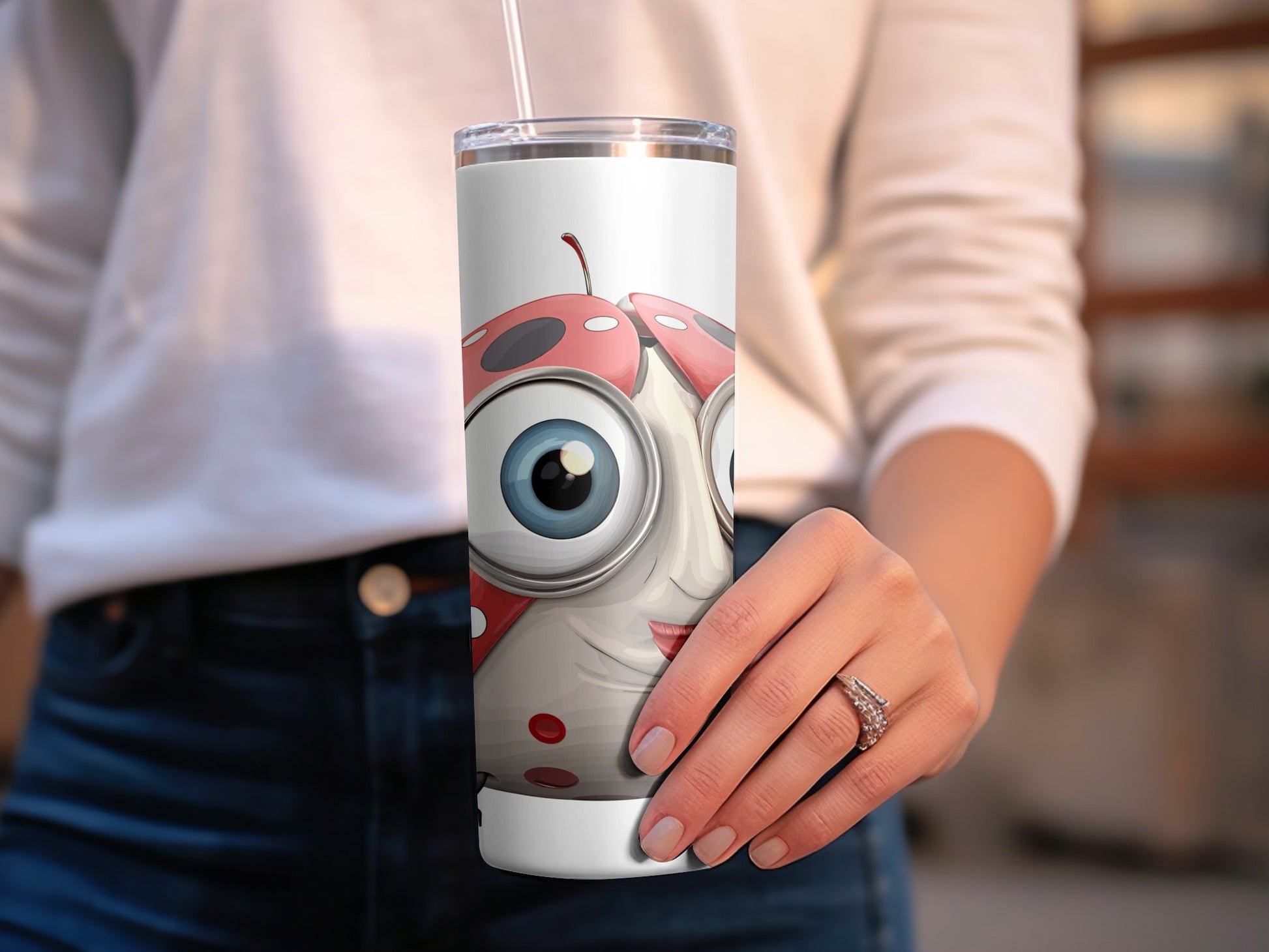 Cute Red Ladybug Cartoon Tumbler, Insulated Travel Mug, Unique Gift for Bug Lovers, Stainless Steel Drinkware, 20 oz