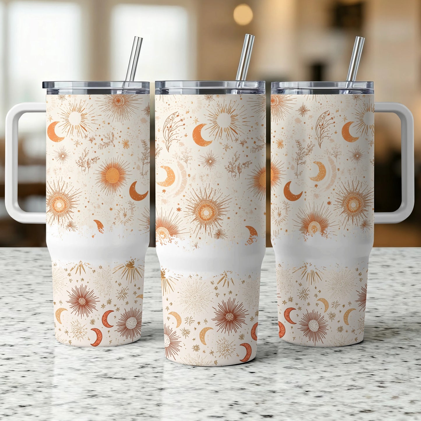 Celestial Tumbler Cups with Straws, Sun and Moon Design, Insulated Travel Mugs, Set of 3