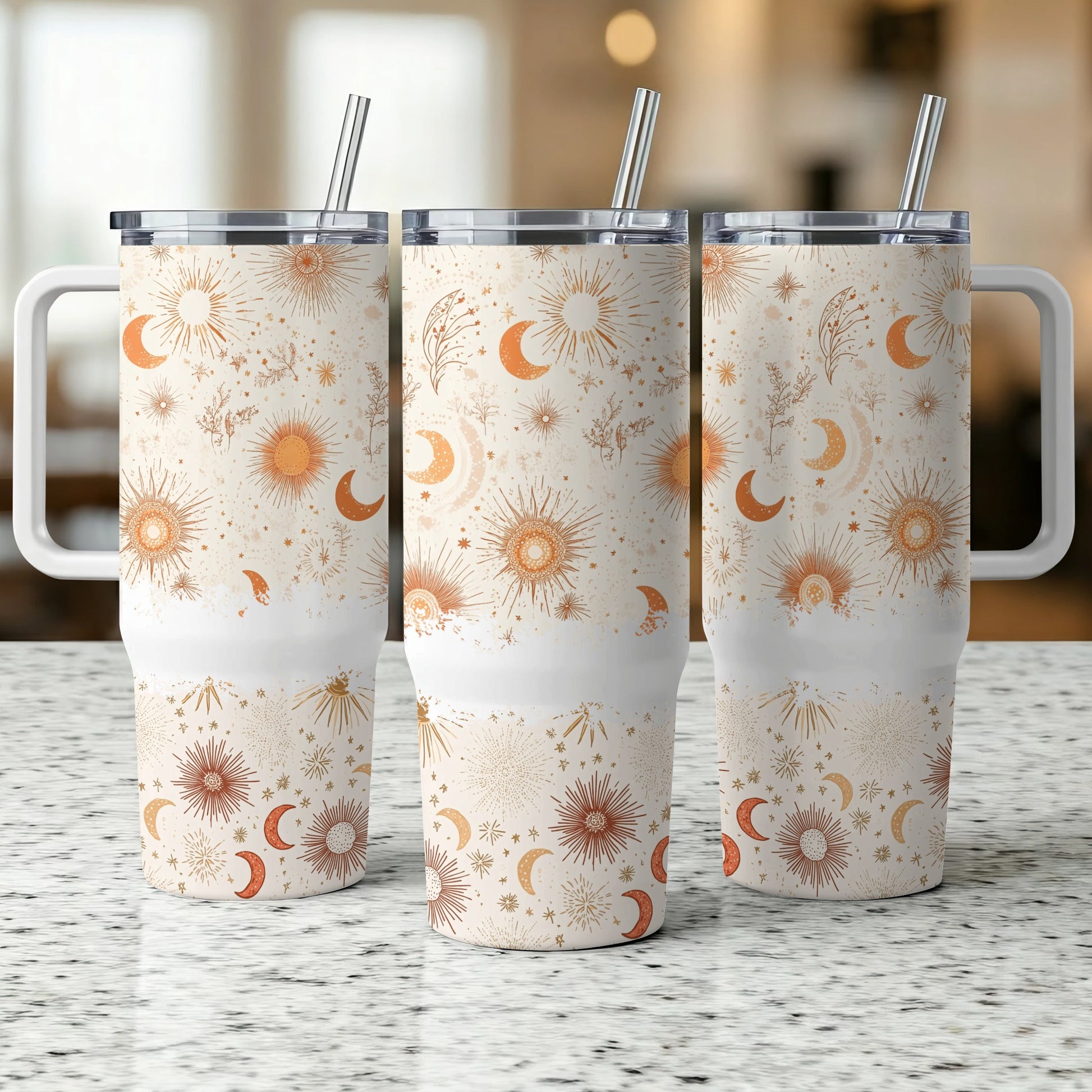 Celestial Tumbler Cups with Straws, Sun and Moon Design, Insulated Travel Mugs, Set of 3