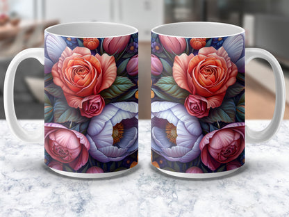 Floral Coffee Mug Set, Vibrant Rose and Tulip Design, Elegant Tea Cups, Gift for Her, Kitchen Decor, Flower Pattern Drinkware