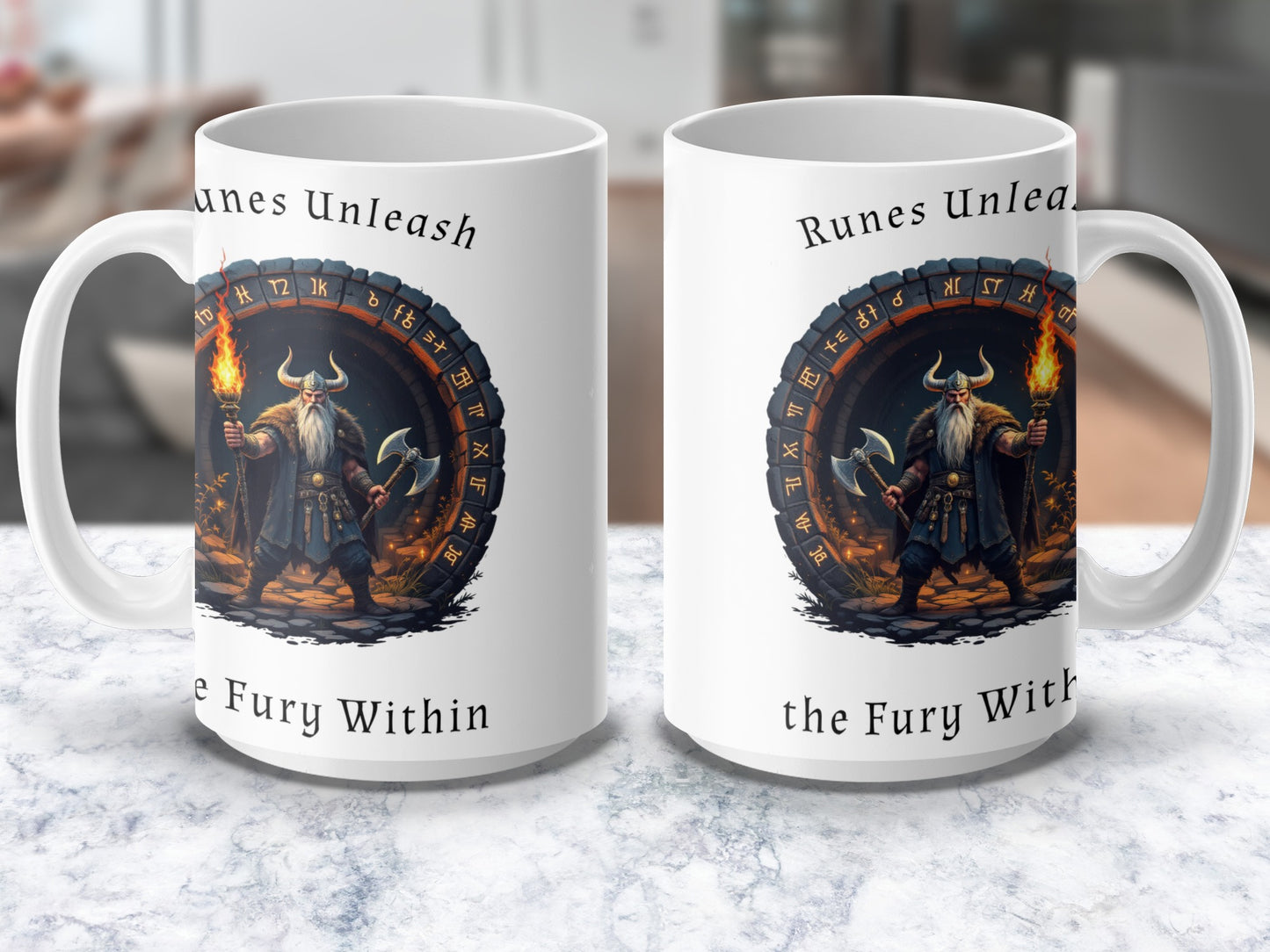Viking Warrior Coffee Mug, Norse Mythology Runes, Fantasy Art Cup, Gift for History Buffs