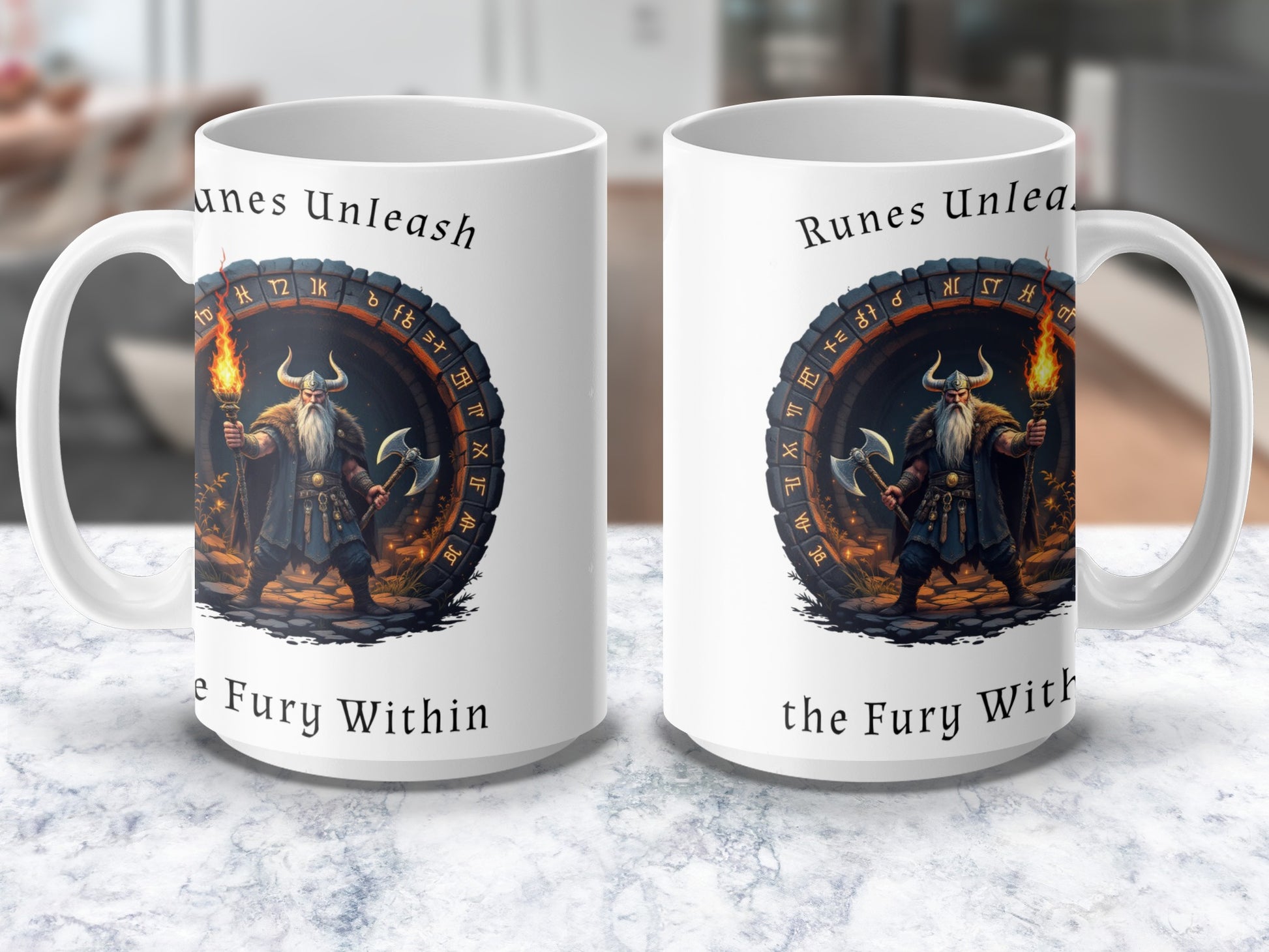 Viking Warrior Coffee Mug, Norse Mythology Runes, Fantasy Art Cup, Gift for History Buffs
