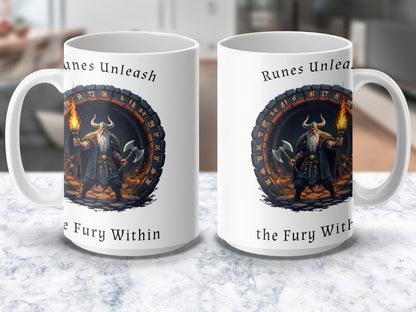 Viking Warrior Coffee Mug, Norse Mythology Runes, Fantasy Art Cup, Gift for History Buffs