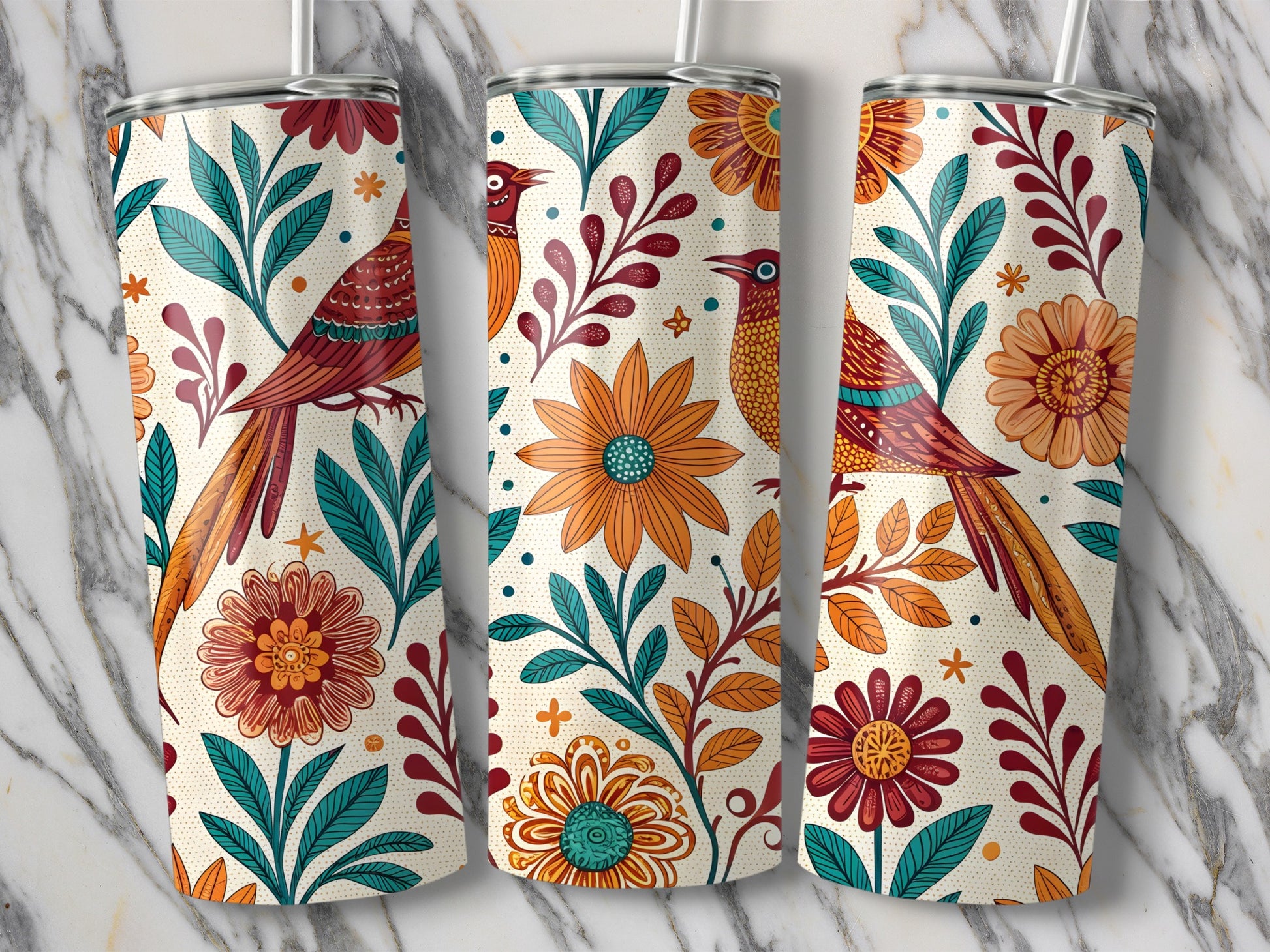 Floral and Bird Motif Insulated Tumbler product