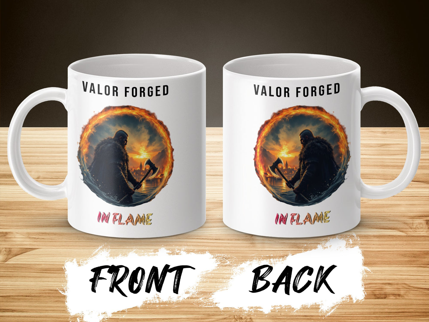Valor Forged In Flame Warrior Graphic Mug, Fantasy Art Coffee Cup, Unique Gift Idea, Dual Design