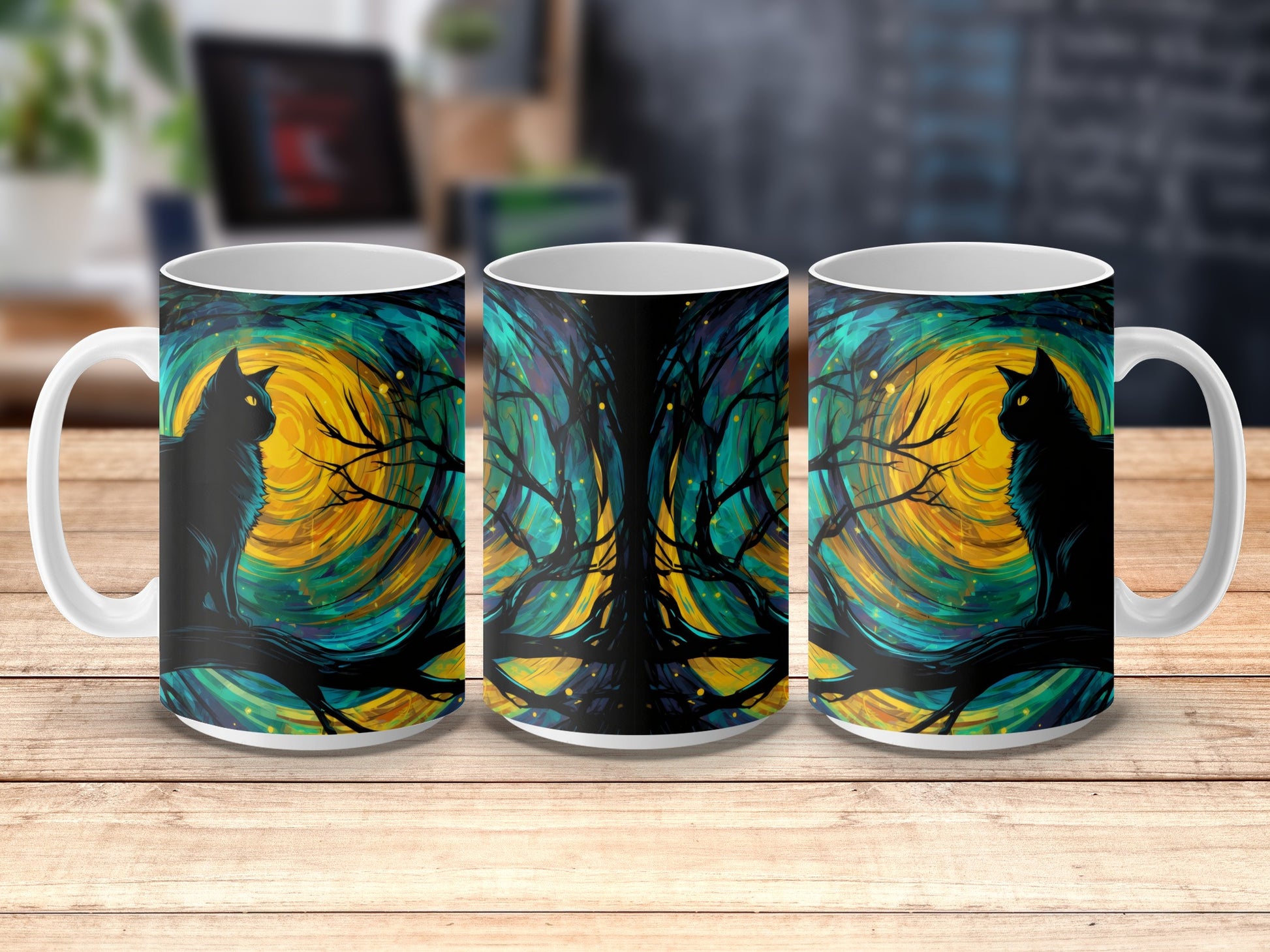 Abstract Art Coffee Mug, Vibrant Teal and Yellow Tree Design, Unique Artistic Drinkware, Perfect Gift Idea