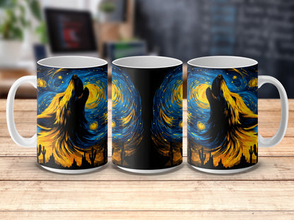 Van Gogh Starry Night Inspired Wolf Howling Design Ceramic Mugs, Artistic Coffee Cups, Unique Gift Idea