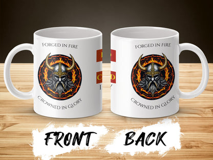 Viking Warrior Coffee Mug, Forged in Fire Design, Crowned in Glory, Unique Gift Idea, Ceramic Cup