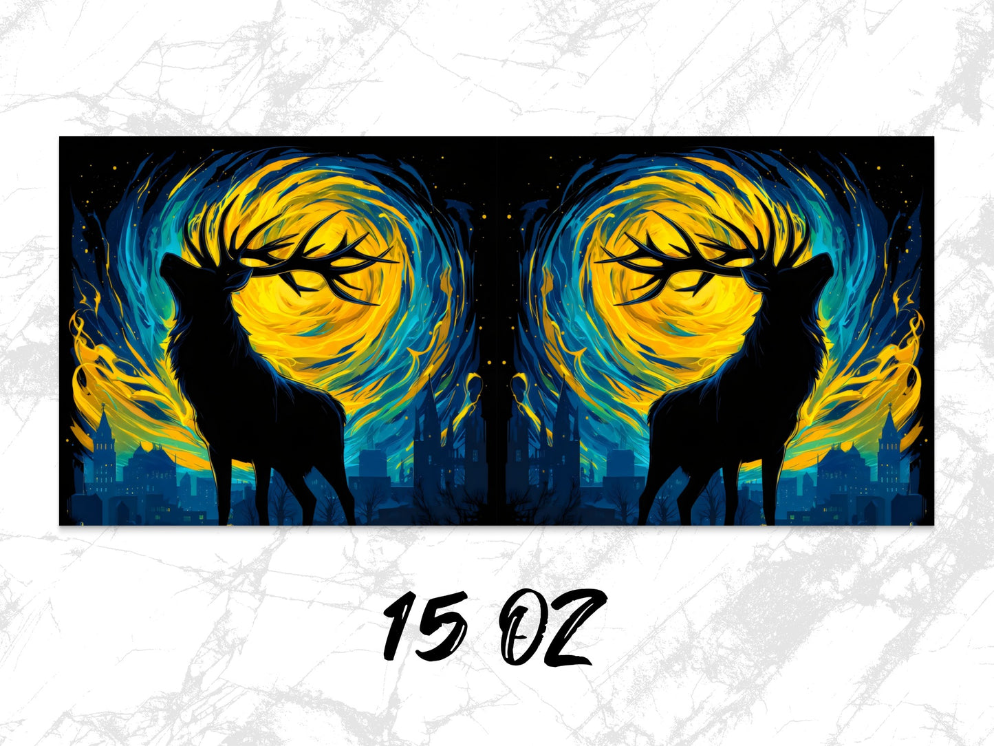 Mystical Deer Silhouette Large Wall Art, Twin Moonlit Night Canvas Print, Urban Fantasy Decor, 15oz