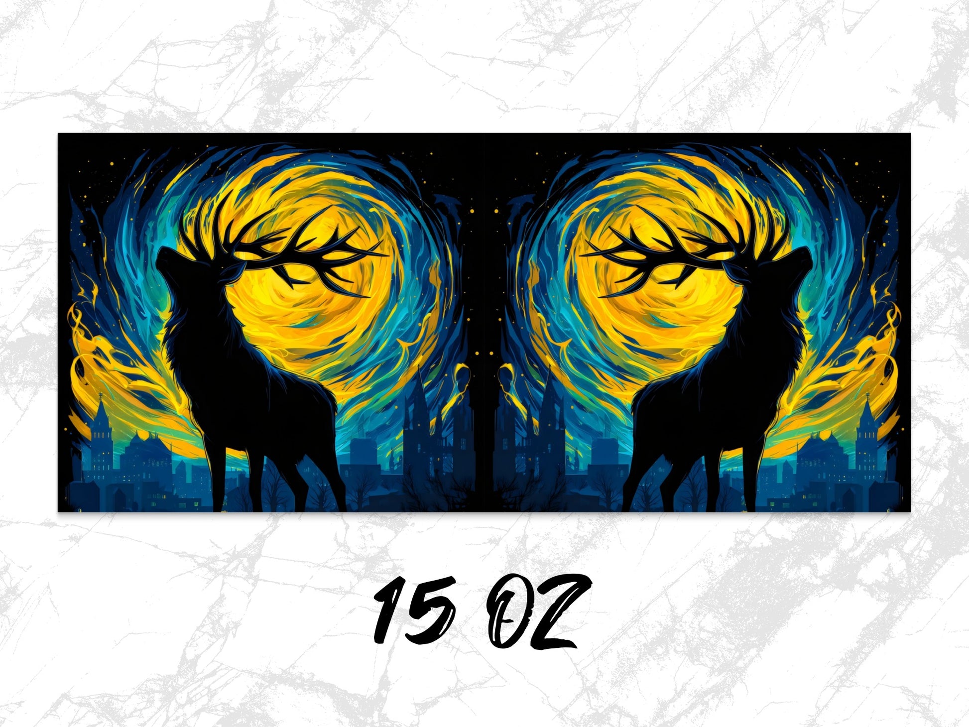 Mystical Deer Silhouette Large Wall Art, Twin Moonlit Night Canvas Print, Urban Fantasy Decor, 15oz